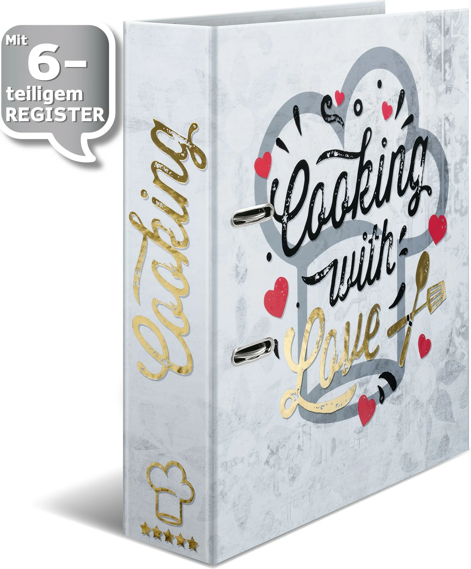 Dosje organizuese HERMA Cooking with Love, A4, D-ring, karton, 7 cm, e bardhë/e kuqe/e artë