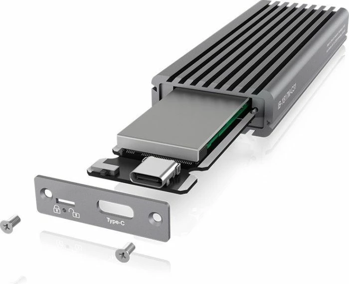 Kasë ekstern për SSD M.2 NVMe ICYBOX IB-1817M-C31, USB-C 3.1 Gen2 10Gb/s, write protection, gri e errët, set me kabllo USB-C në USB-A