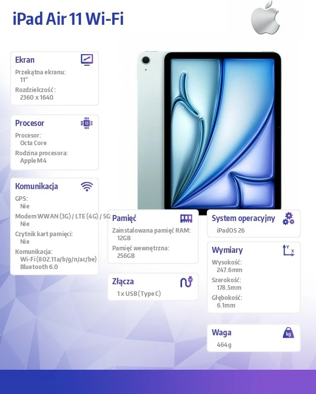 Tablet Apple iPad Air MH364HC/A 11" Wi‑Fi 256GB Kaltër