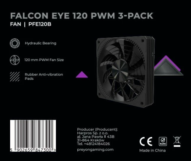 Ventilator kasë kompjuteri PREYON Falcon Eye PFE1203B 120 mm PWM, i zi, set 3 copë