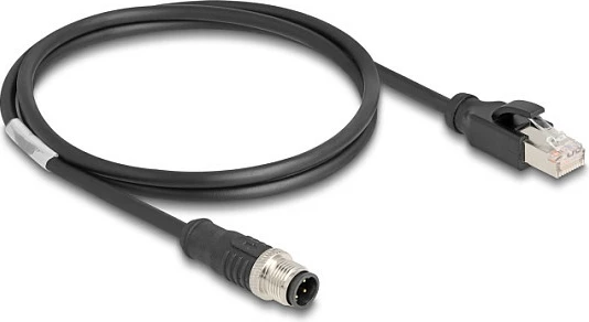Kabllo Ethernet industriale DeLOCK M12 D-coded 4-pin në RJ45, Cat5e, 1 m, S/FTP, e zezë