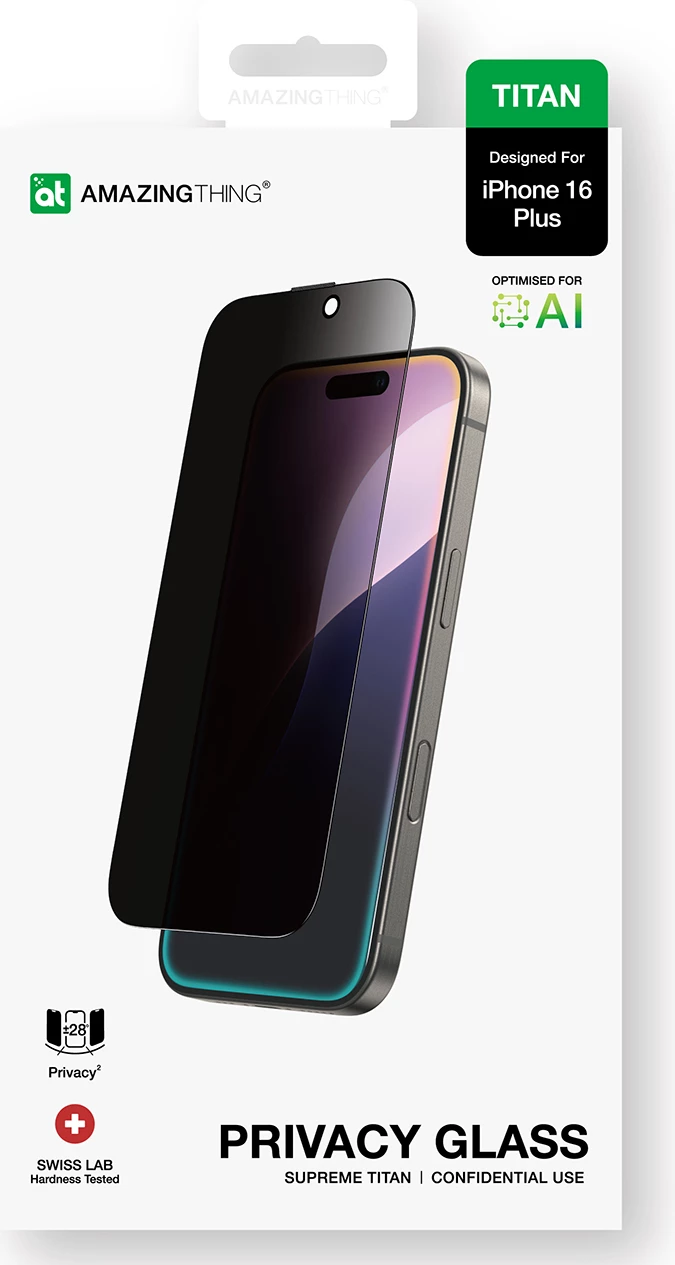 Xham privatësie AmazingThing Titan Privacy Glass për iPhone 16 Plus, i temperuar, i errët