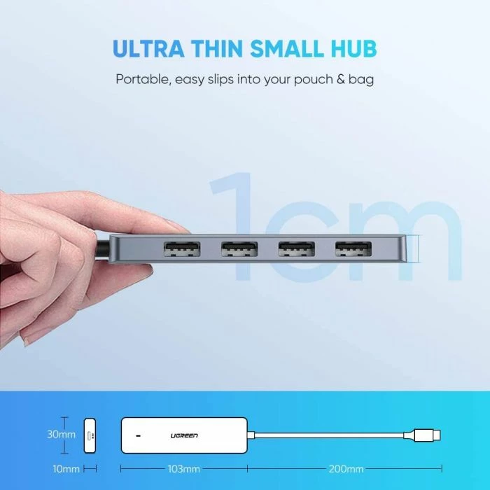 Hub USB-C UGREEN 70336, 4x USB 3.0, 5Gbps, portë Micro USB për rrymë, kabllo 15cm, gri