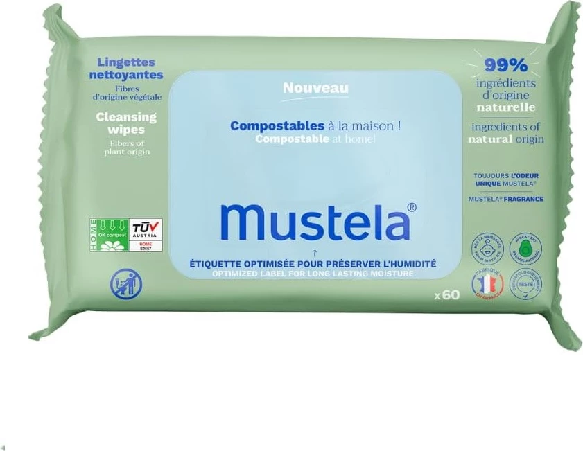 Peceta të lagura për bebe Mustela kompostueshme me aromë, 60 copë