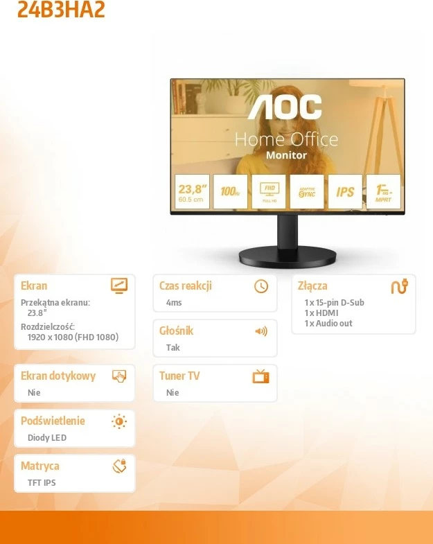 Monitor AOC 24B3HA2, 23.8", IPS, 100Hz, Full HD, me altoparlantë, i zi