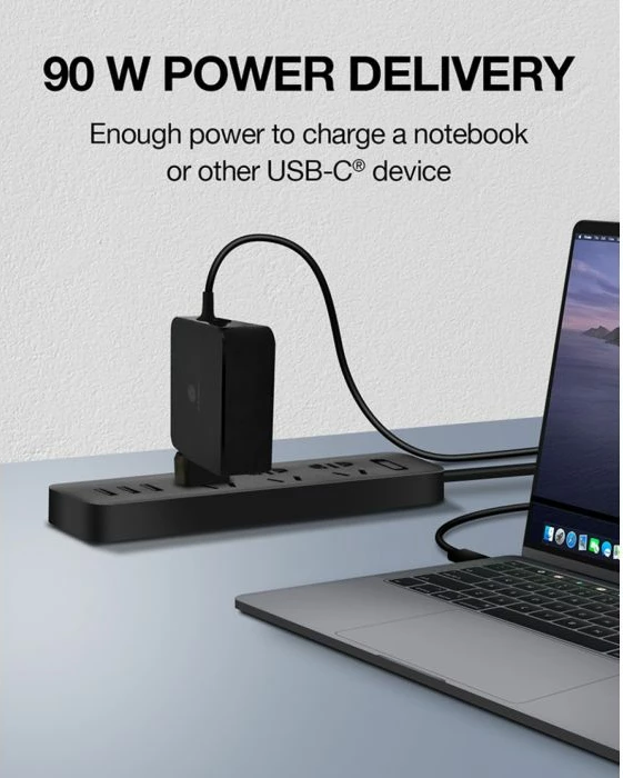 Karikues USB-C PD ICYBOX IB-PS101-PD 90W me portë USB-A, kabllo e integrume 1.8m, e zezë