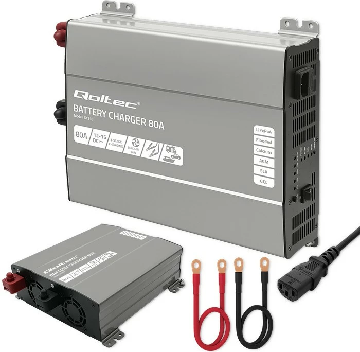 Karikues inteligjent akumulatori Qoltec Monolith 51918, 12V, 80A, për LiFePO4/AGM/GEL/SLA, zi/gri, set me kabllo