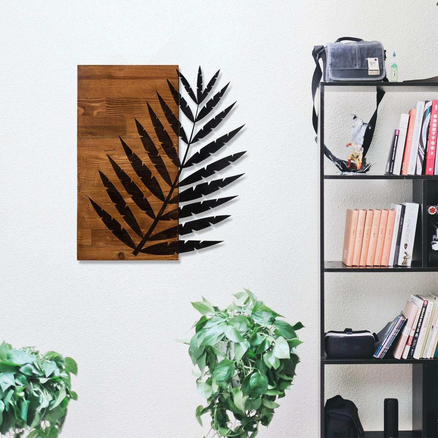 Aksesor dekorativ për mur, dru dhe metal, Wallity Leaf3, ngjyrë e zezë dhe arre, 50x58cm