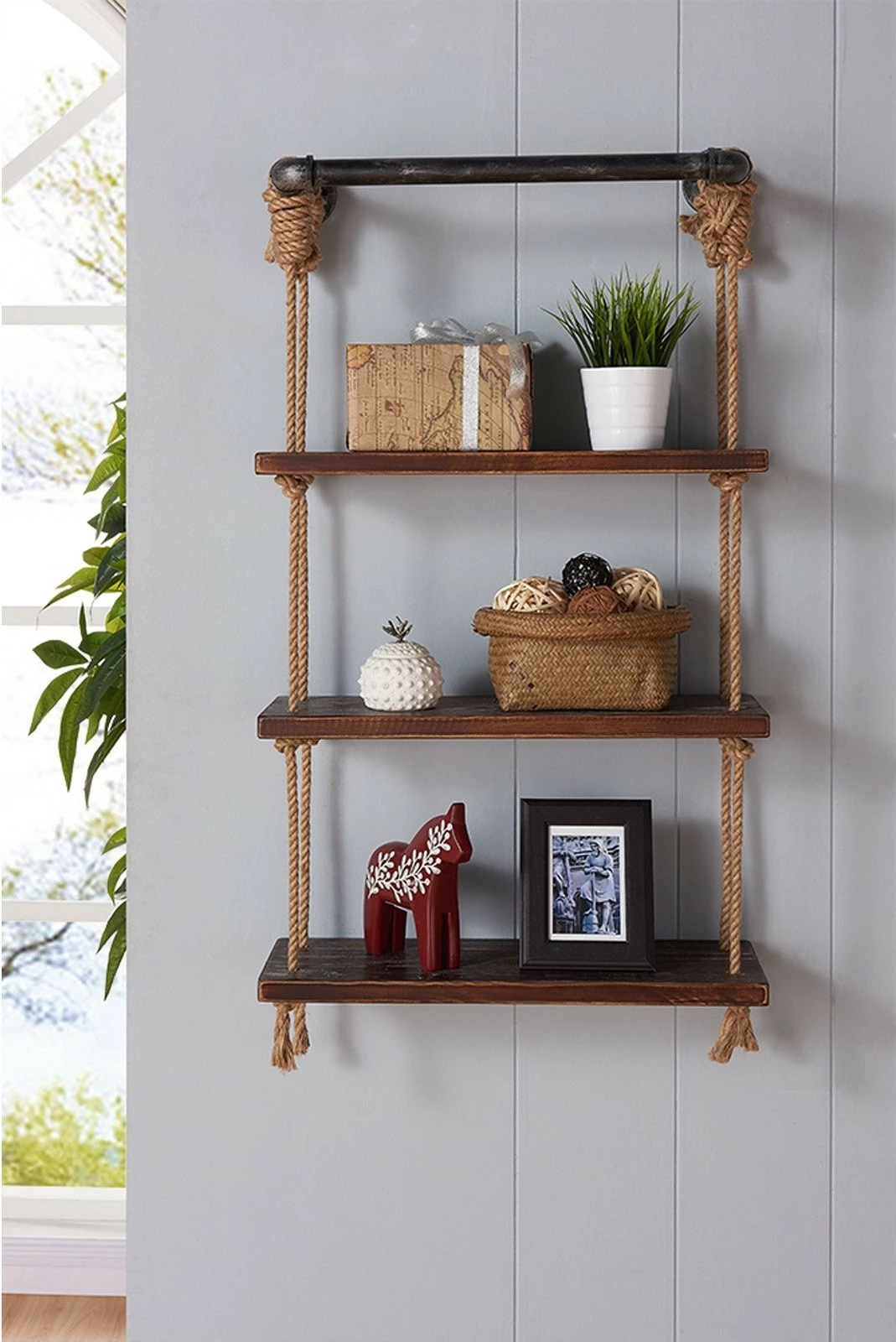 Raft muri Hanah Home, Gar005, dru bredhi, ngjyrë arre, metal i zi, 60x120x13cm