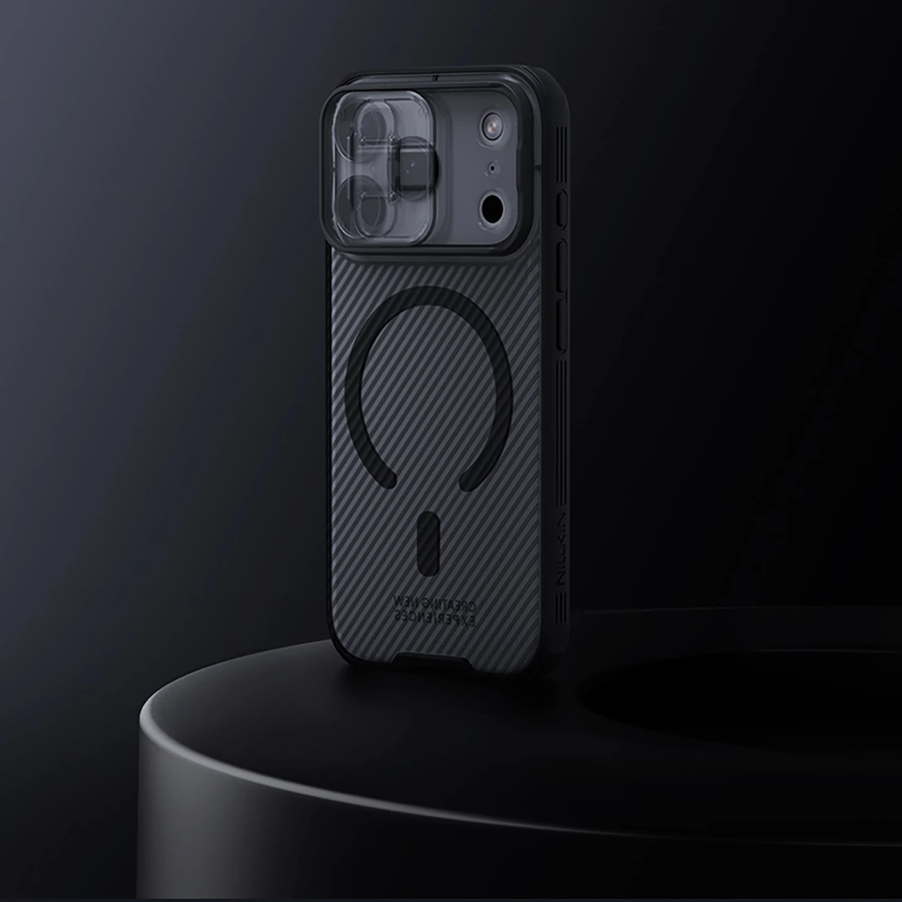 Mbështjellës Nillkin CamShield Pro MagSafe për iPhone 17 Pro Max, PC+TPU, magnet i integruar, kapak rrëshqitës i kamerës, transparent black