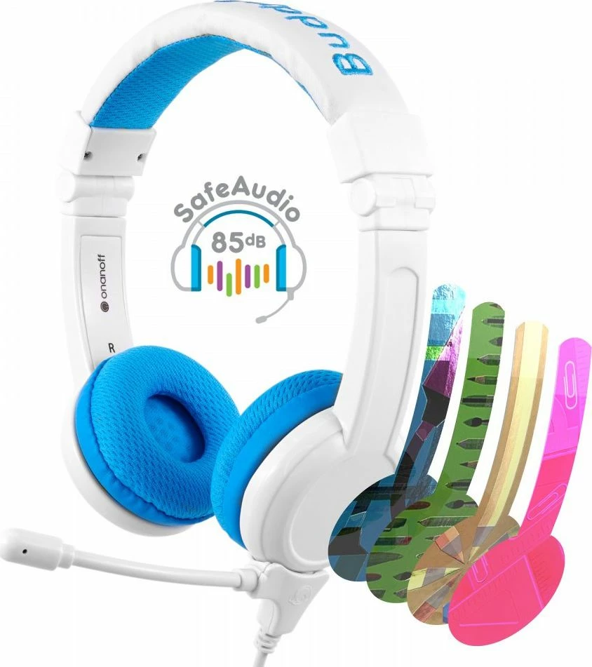 Kufje me mikrofon BuddyPhones School+ BP-SCHOOLP-BLUE, 3.5mm, limit 85dB, për fëmijë 3+, blu, me BuddyJack dhe çantë