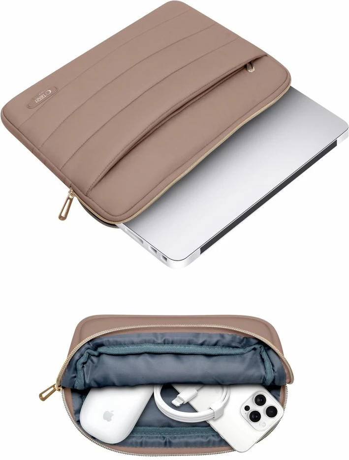 Kasë laptopi Tech-Protect Puffy 13-14", set me çantë aksesorësh, Kafe