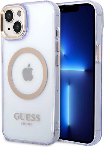 Mbështjellës Guess Gold Outline MagSafe për iPhone 14 6.1", vjollcë-ari
