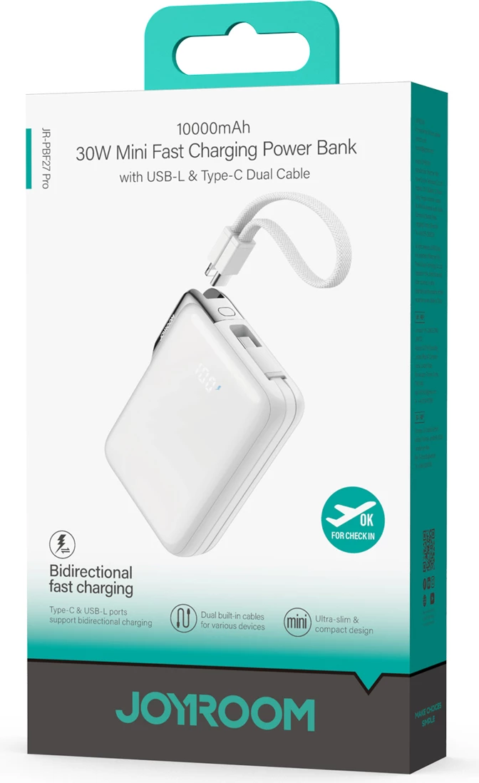 Power bank Joyroom JR-PBF27 Pro 10000mAh 30W me kabllo USB-C të integrume + kabllo USB-C në Lightning, me display, e bardhë
