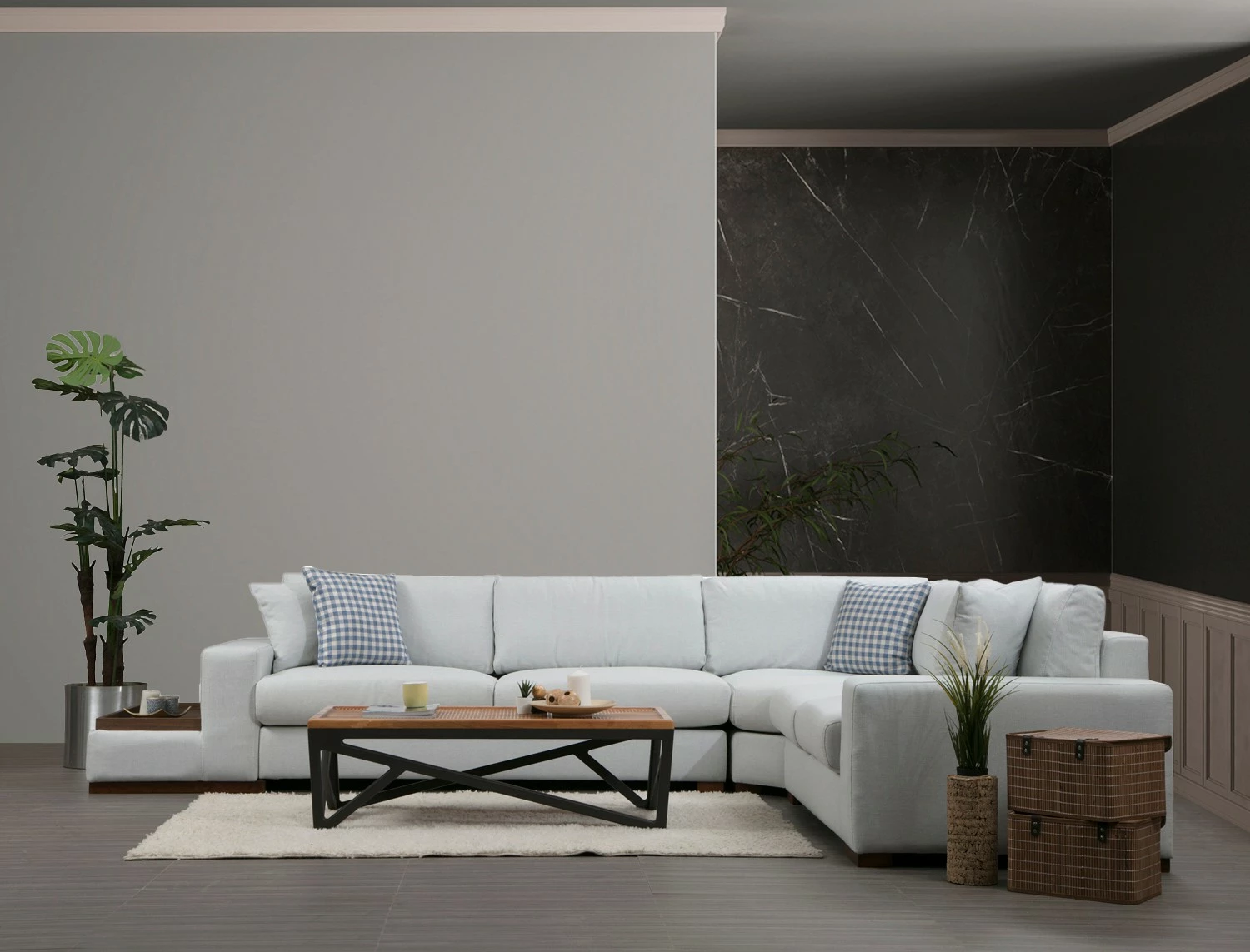 Këndare Atelier del Sofa, Loop 23, ngjyrë bezhë, këmbë druri arre, 282x363x95x85cm, 4 jastëkë