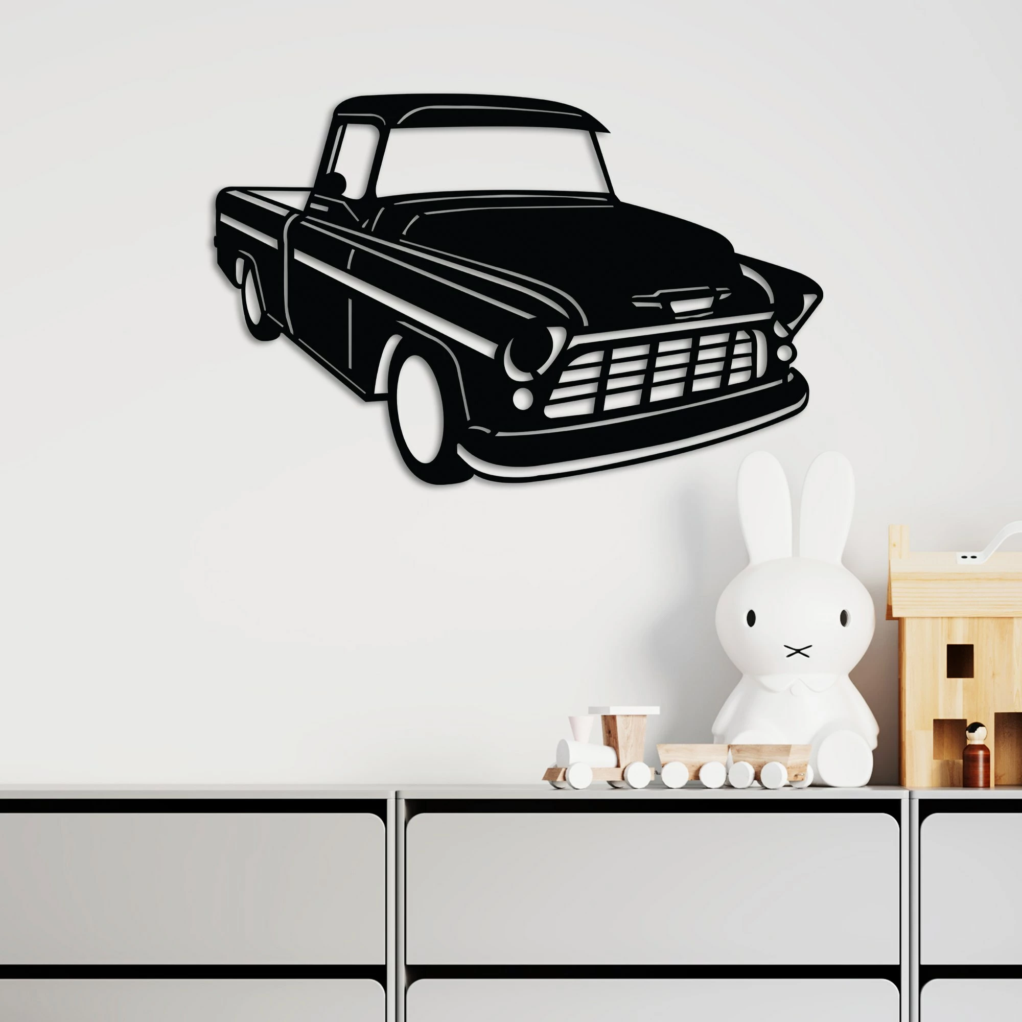 Aksesor dekorativ metalik për mur, Wallity, Chevrolet Cameo Carrier 1955, ngjyrë e zezë, 60x39cm