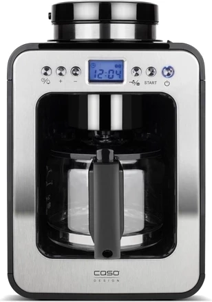Aparat kafeje CASO Coffee Compact electronic 1848, 600W, 4 filxhanë, mulli burr, LCD me timer, filtër permanent, enë qelqi, çelik inox/zi