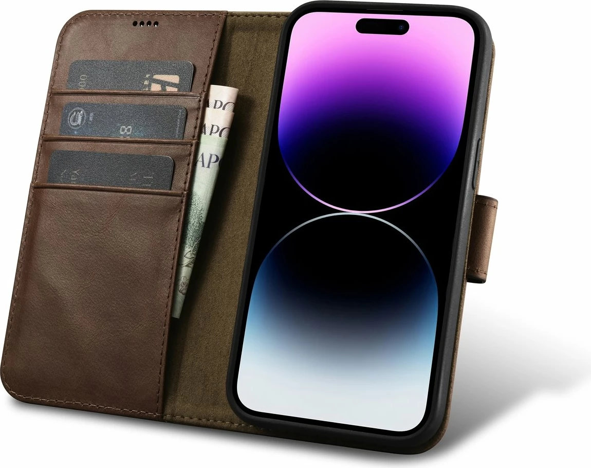 Mbështjellës iCarer Oil Wax Wallet 2in1 për iPhone 14 Pro, lëkurë natyrale, kafe