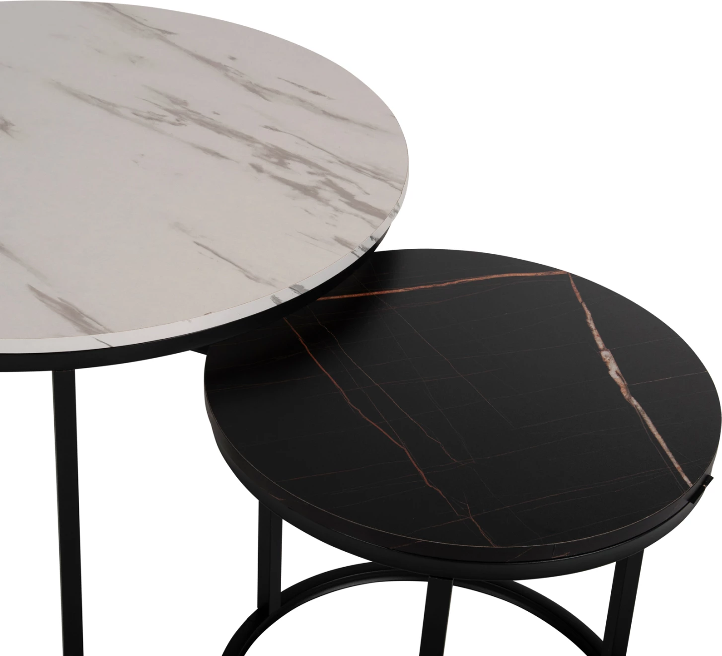 Tavolina kafeje FH8763.14 set 2 copë MDF pamje mermeri ngjyrë e përzier me këmbë të zeza Φ80-Φ48cm