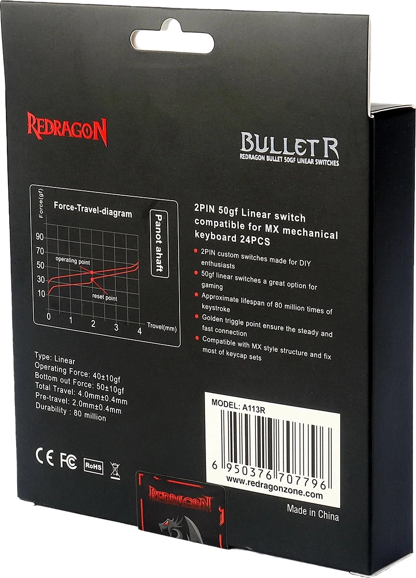 Switch për tastierë mekanike Redragon Bullet-R A-113, linear (MX Red), 24 copë, Neon