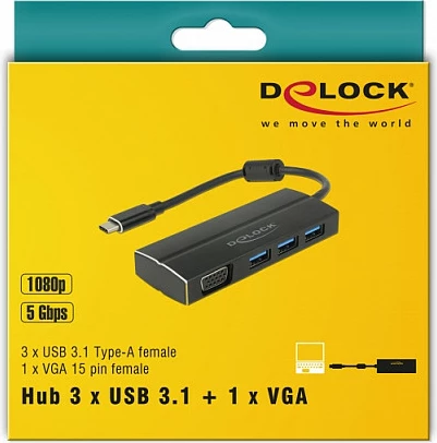 Hub/Adapter USB-C DeLOCK 63932, 3x USB-A 3.0 + VGA, 0.15 m, i zi