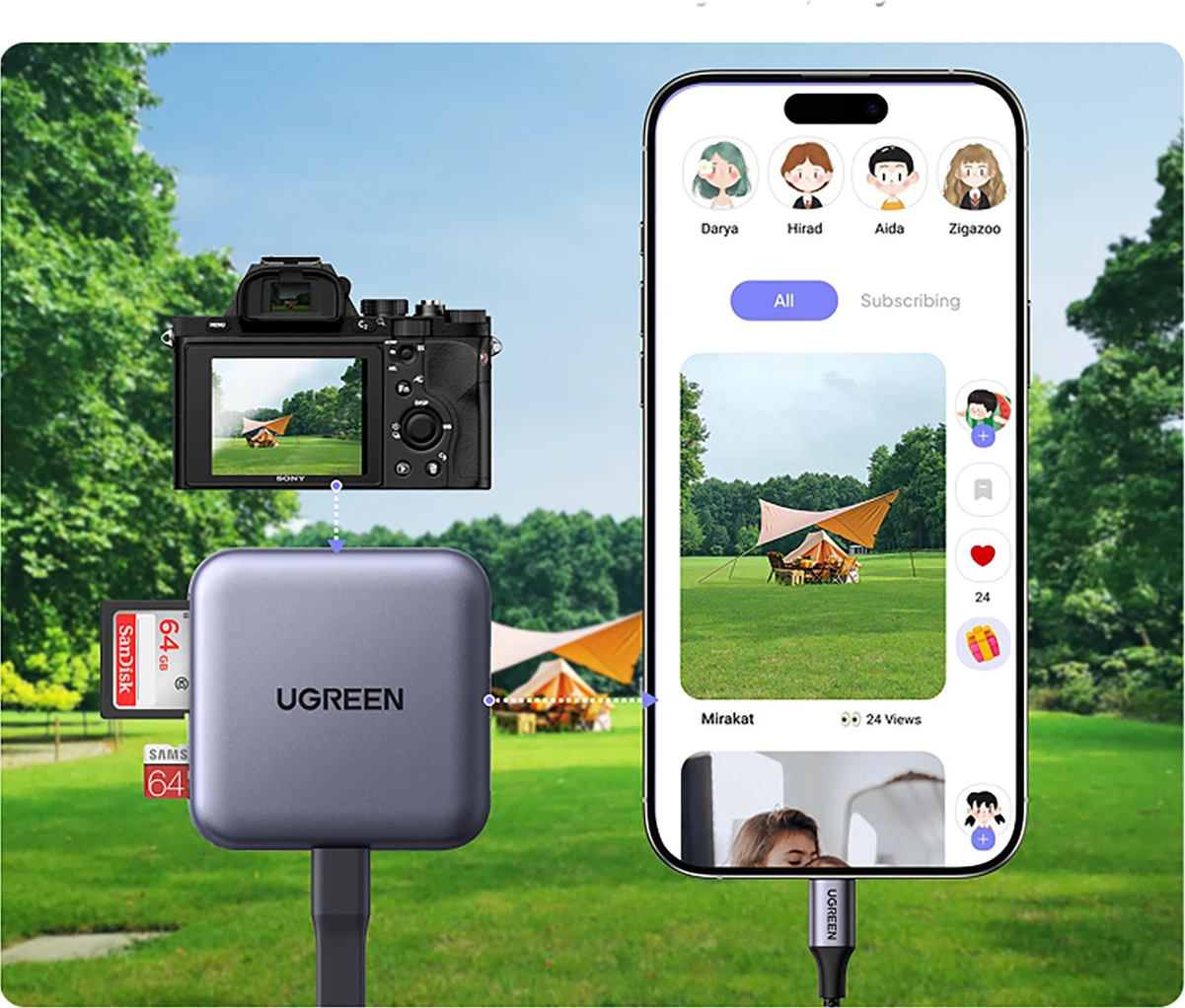 Lexues kartelash memorie Ugreen 65095 magnetik USB-C PD 100W SD/microSD, gri