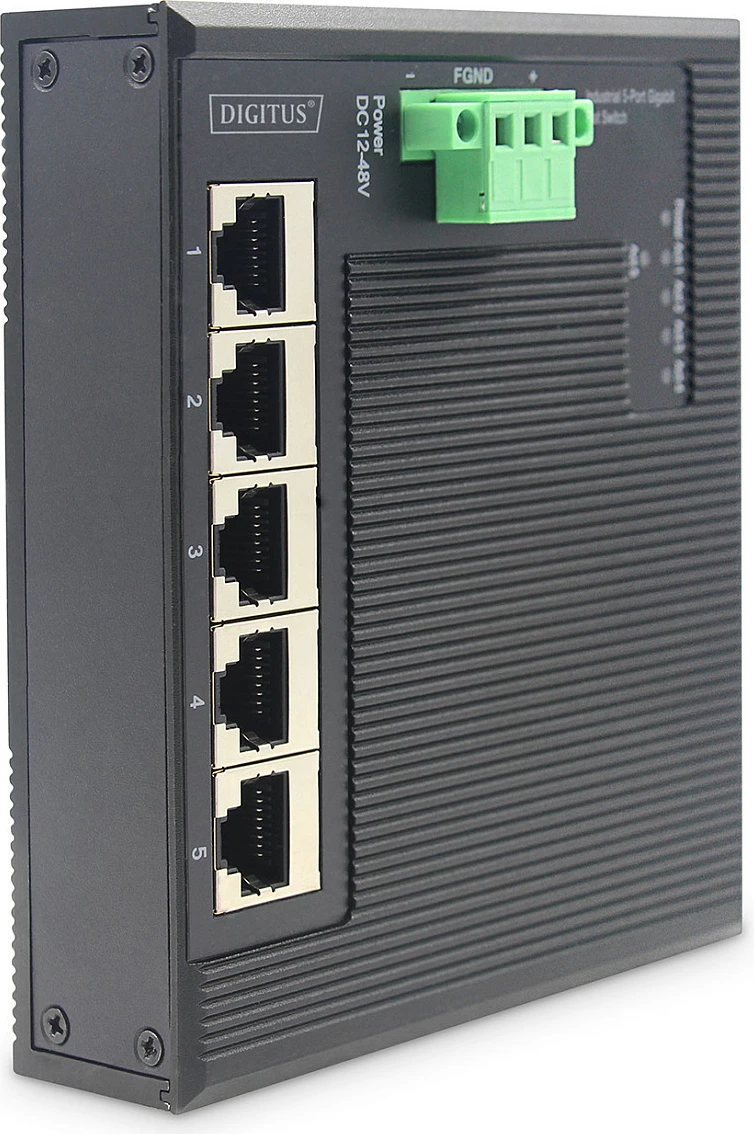 Switch Digitus Industrial Flat, 5-Port Gigabit Ethernet, DIN rail/Wall/Rack, metal, IP40