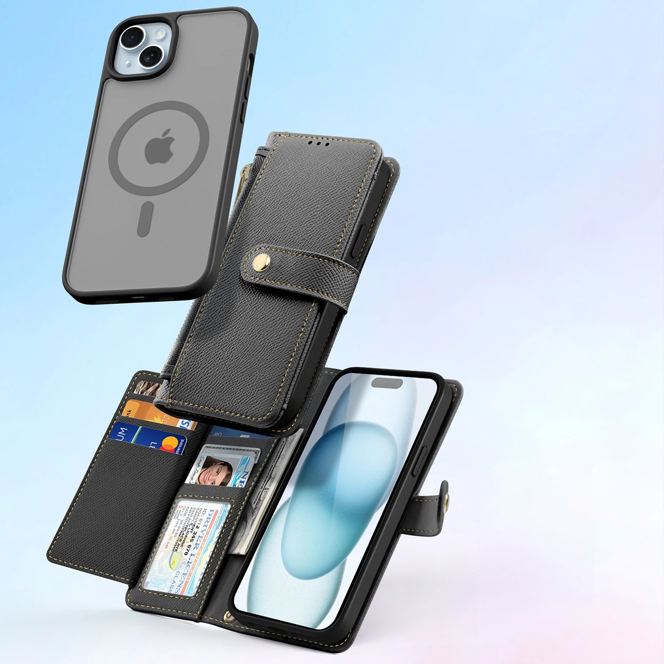 Mbështjellës Dux Ducis Lawa për iPhone 15, lëkurë, me portofol magnetik, e zezë