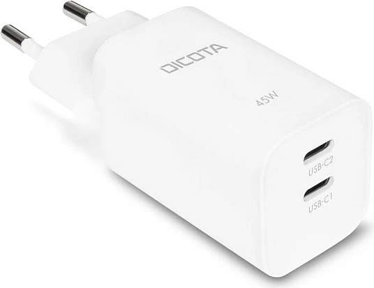 Karikues muri DICOTA 2-port GaN 45W, EU, i bardhë