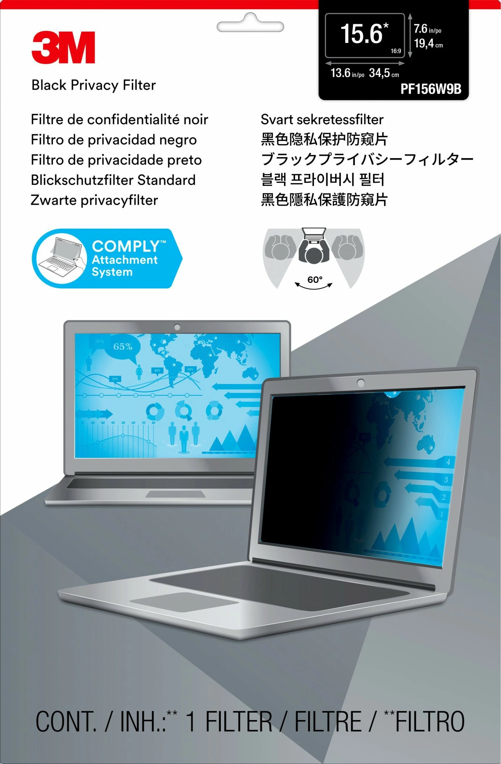 Filtër privatësie 3M për laptop 15.6 inç, 16:9, anti-reflektues, i zi