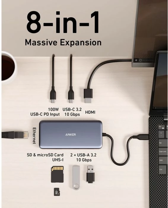 Hub USB-C Anker 555 (A83830A2), 8-në-1, HDMI 4K, 100W PD, 10Gb/s, SD/microSD, gri e errët
