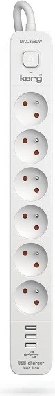 Shirit rryme KERG me ndërprerës qarku, 6 priza, 3 USB, 16A, 1.5m, Bardhë