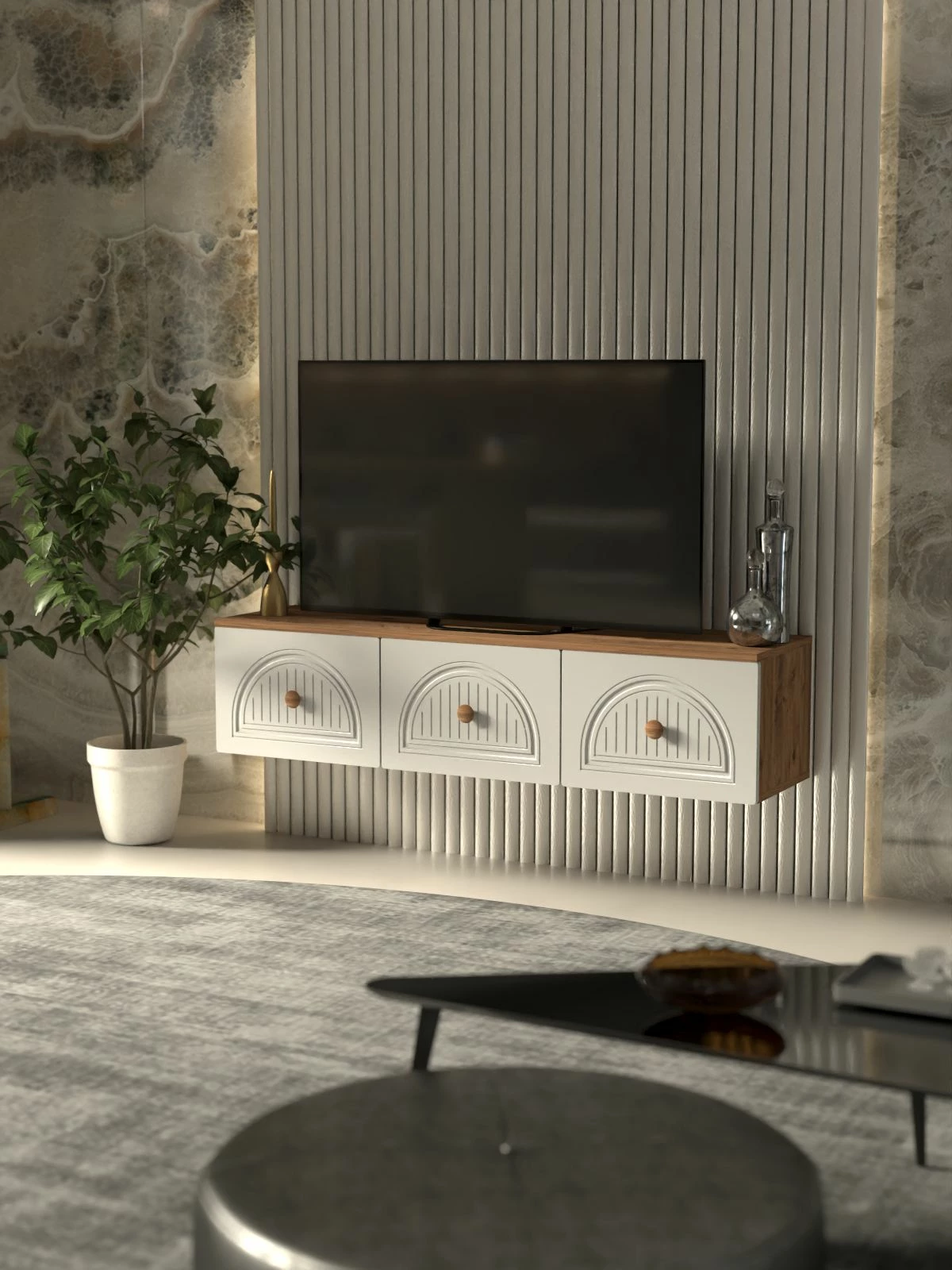 Komodë TV Skye Decor, Modena 135, ngjyrë Atlantic Pine dhe e bardhë