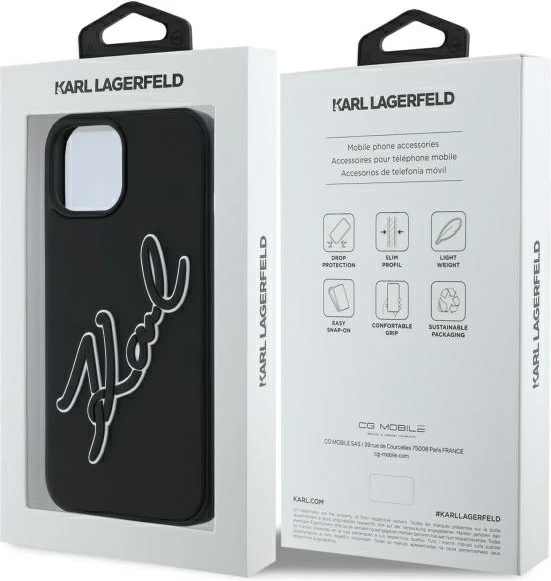 Mbështjellës Karl Lagerfeld 3D Rubber Signature për iPhone 15, i zi