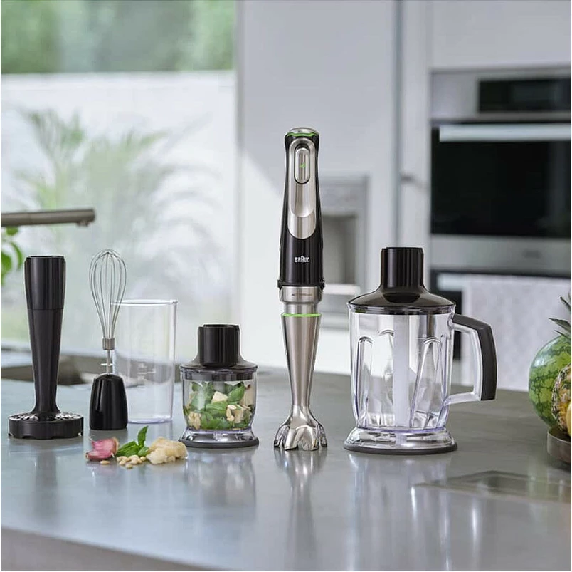 Blender zhytës Braun MultiQuick 9 MQ 9147X, 1200 W, set me grirës, rrahëse dhe shtypës patatesh, inox/zi