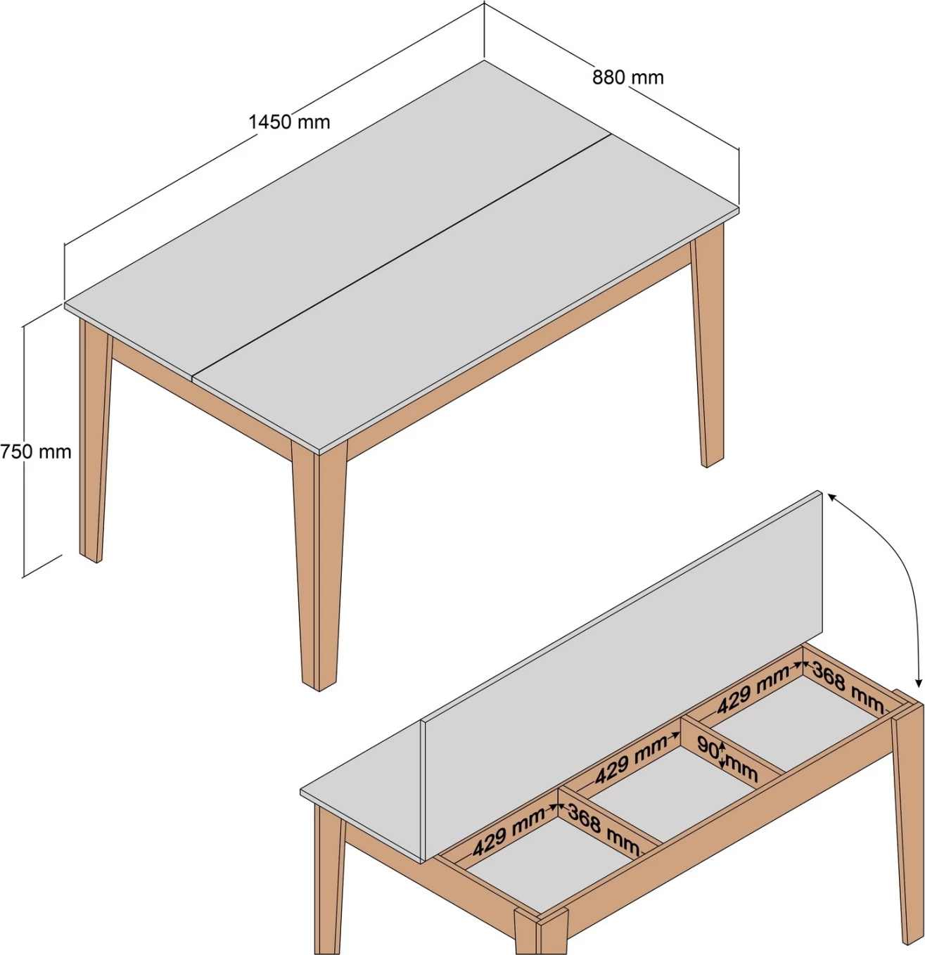 Tavolinë ngrënieje standard, FH9507.05, melaminë, ngjyrë arre, pamje mermeri të zi, me hapësirë ruajtjeje, 145x88x75H cm