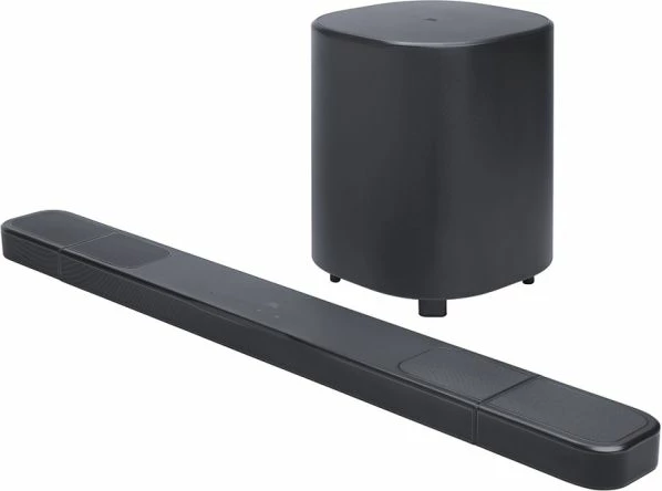 Soundbar JBL Bar 1000 MK2 7.1.4 Dolby Atmos/DTS:X 10\" subwoofer wireless 880W RMS, e zezë, set me subwoofer dhe altoparlantë të pasëm