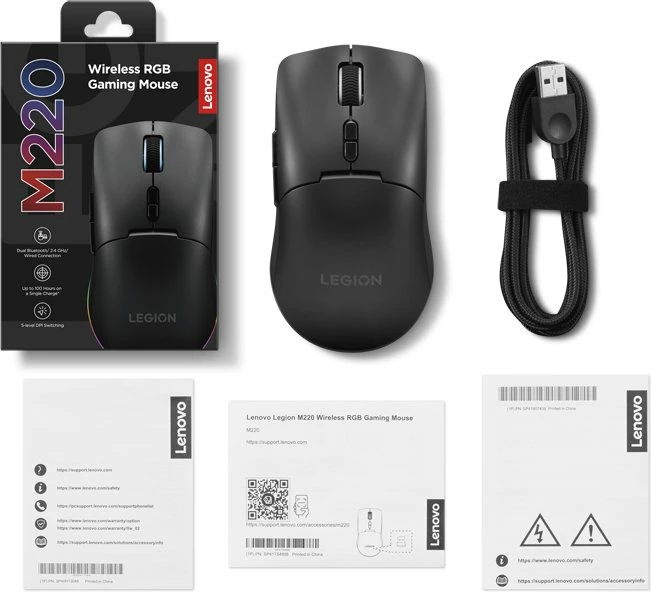 Maus Lenovo Legion M220 (GY51U28359), 5000 DPI, RGB, tri-mode 2.4GHz/Bluetooth/USB, e zezë