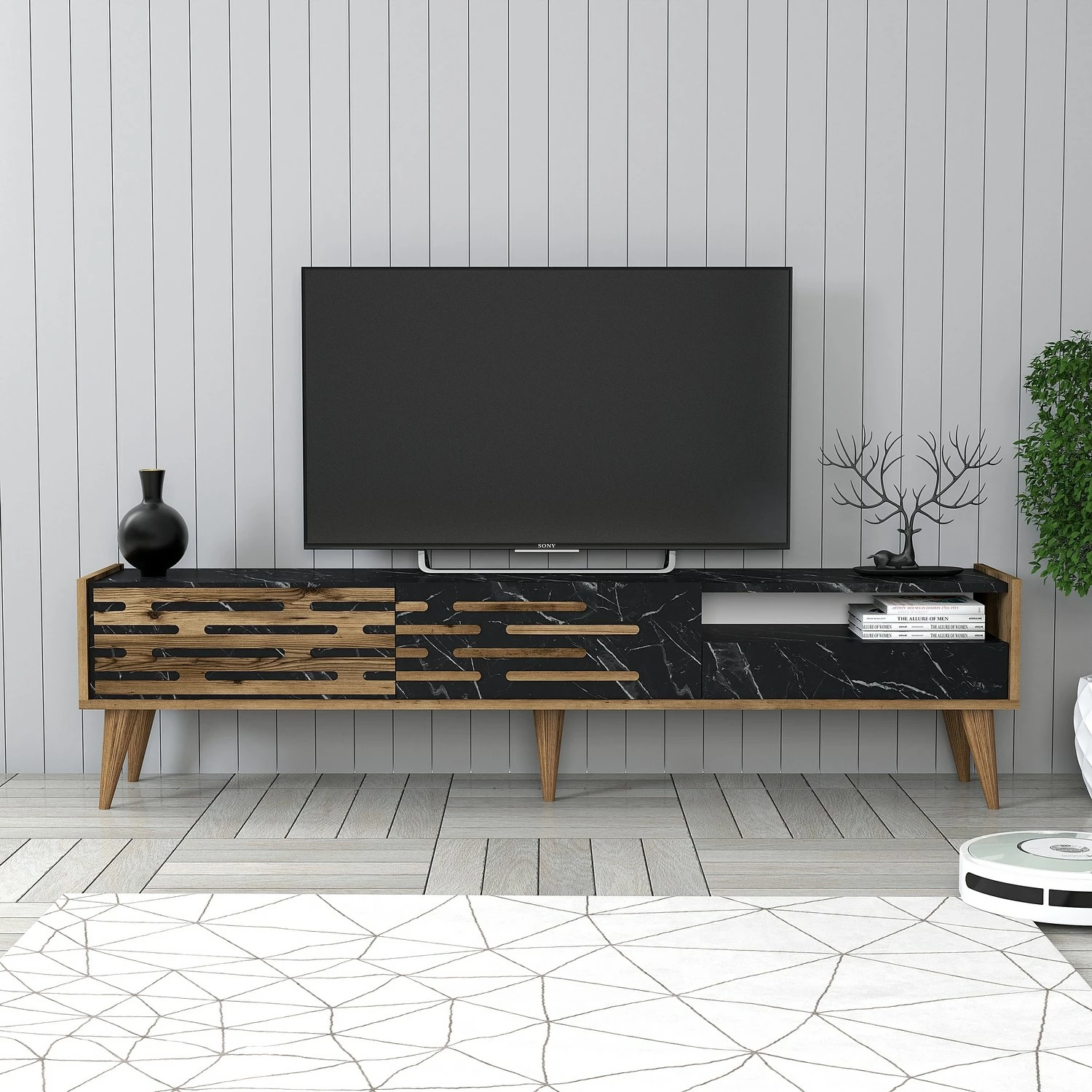Komodë TV Hanah Home, Valensiya, ngjyrë arre, e zezë, mermer
