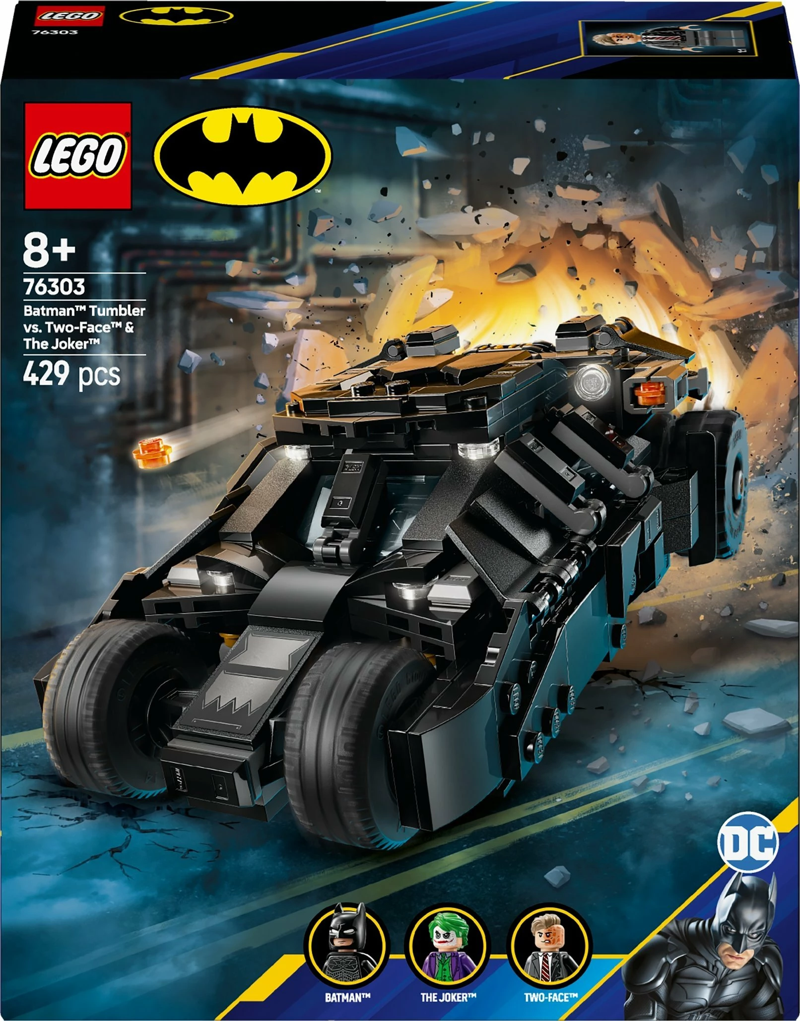 Set ndërtimi LEGO DC Super Heroes Batman Tumbler vs Two-Face dhe Joker 76303, 429 copë, 8+, e zezë