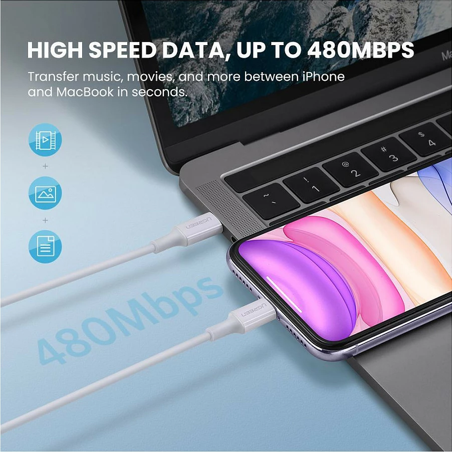 Kabëll UGREEN USB-C në Lightning, karikim dhe sinkronizim, i bardhë