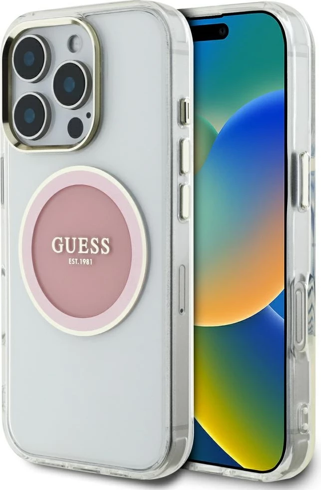 Mbështjellës Guess IML Metal Colored Circle Classic Logo MagSafe për iPhone 16 Pro, Rozë