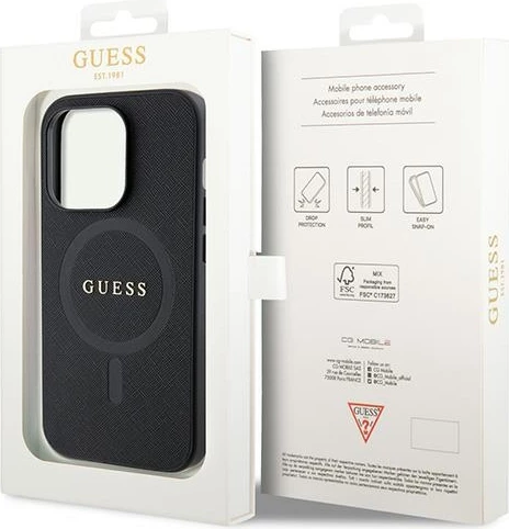 Mbështjellës Guess GUHMP15LPSAHMCK për iPhone 15 Pro 6.1", Saffiano MagSafe, zi