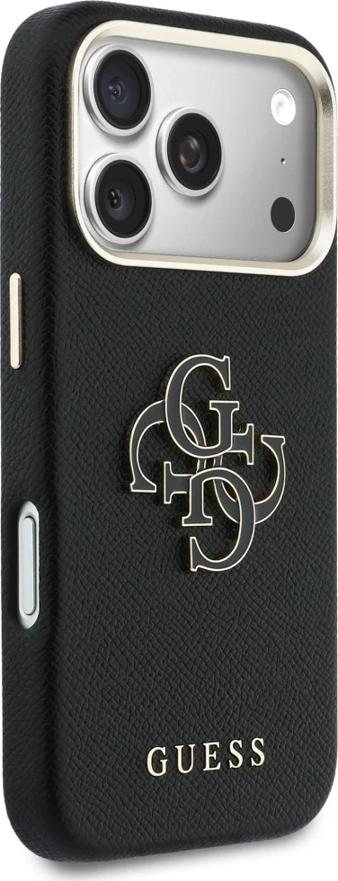 Mbështjellës Guess FW Resin Logo për iPhone 17 Pro, hardcase eco-leather/TPU/PC, i zi, në kuti