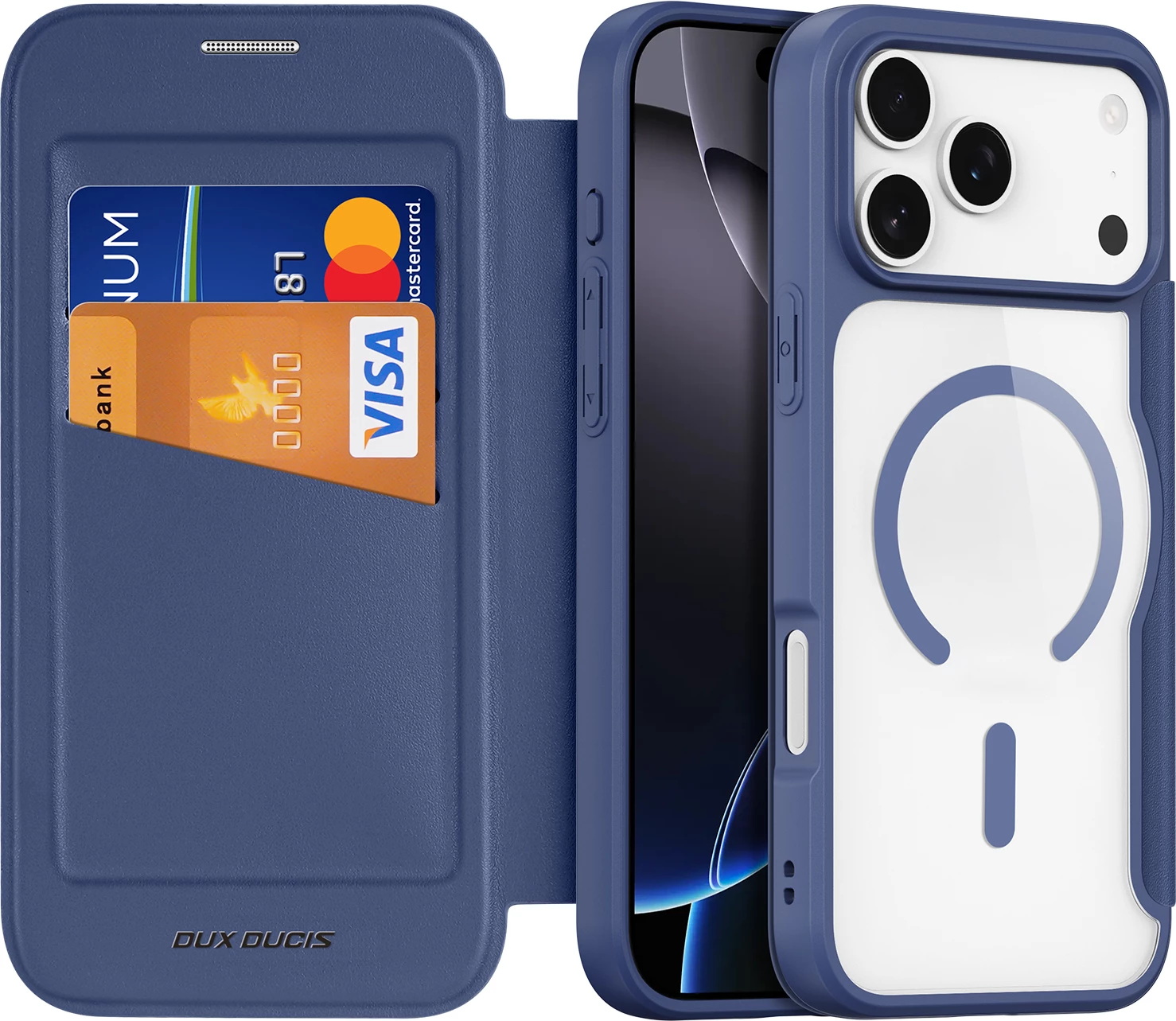 Mbështjellës, Dux Ducis, Skin X Pro iPhone 17 Pro, me portofol, kompatibil MagSafe, me bllokim RFID, blu