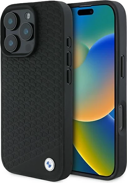 Mbështjellës BMW Signature Leather Diamond Metal Logo MagSafe për iPhone 16 Pro Max, i zi