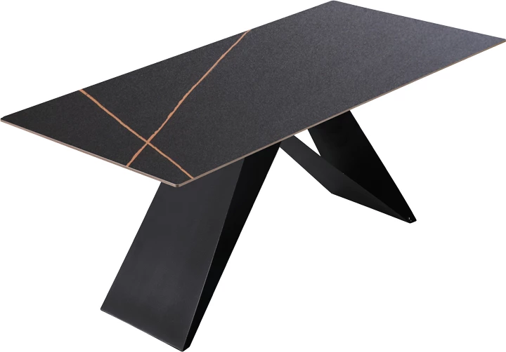 Tavolinë me sipërfaqe prej guri të sinterizuar, këmbë metalike, ngjyrë e zezë, 180x90x76cm