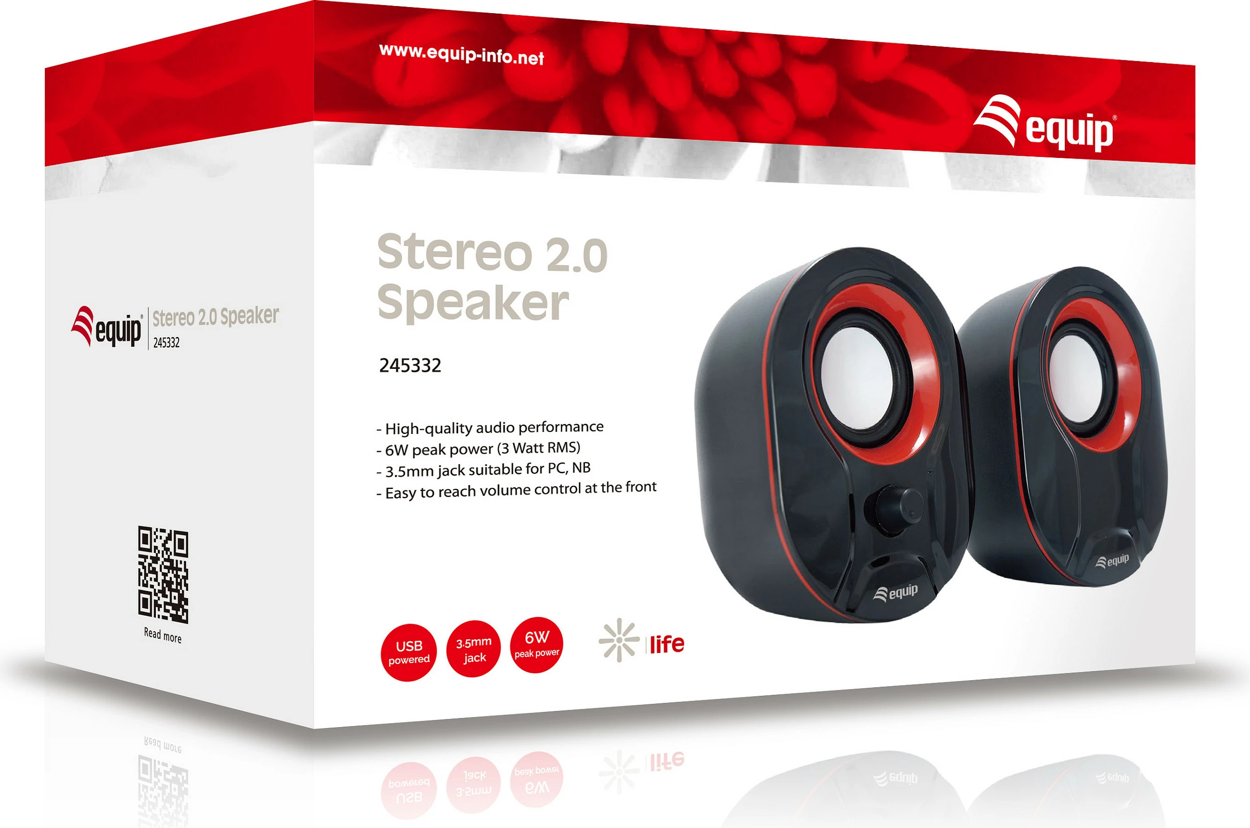 Boksa stereo 2.0 Equip, 3W, lidhje me kabllo, USB, 3.5mm, zi-kuqe