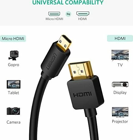 Kabllo Micro HDMI në HDMI Ugreen 30104 3 m 4K me Ethernet, e zezë