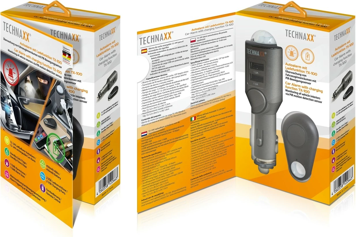 Alarm veture Technaxx TX-100 me 2 porta USB, Gri